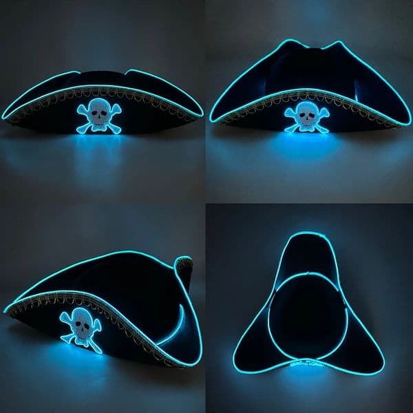 Halloween LED Light Black Pirate Hat For Adult Pirate Theme Party Glowing Cap Cosplay Costume Luminous Hat With Skull Pattern 250804