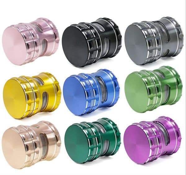 Smoking Pipes 63MM European and American aluminum alloy four layer flat patterned slim waist side window smoke grinder