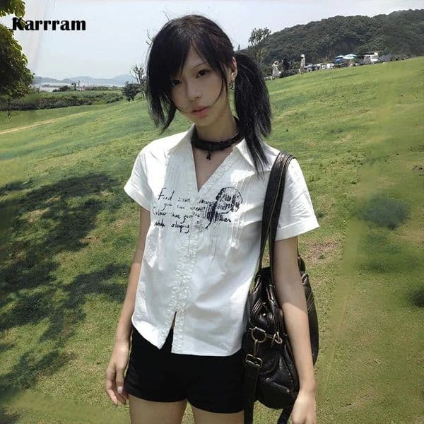 Karrram Y2k Aesthetics Pleated Shirt Grunge Gothic Skull Print White Shirts Trashy 2000s Style Vneck Blouses Japanese Harajuku 250724BANJIA