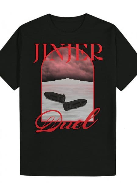 Men's Summer with "JINJER Duel" Pattern - Black Polyester, Crew Neck, Regular Fit, Casual Wear T-Shirt Playful Font | Elastic fabric 23874