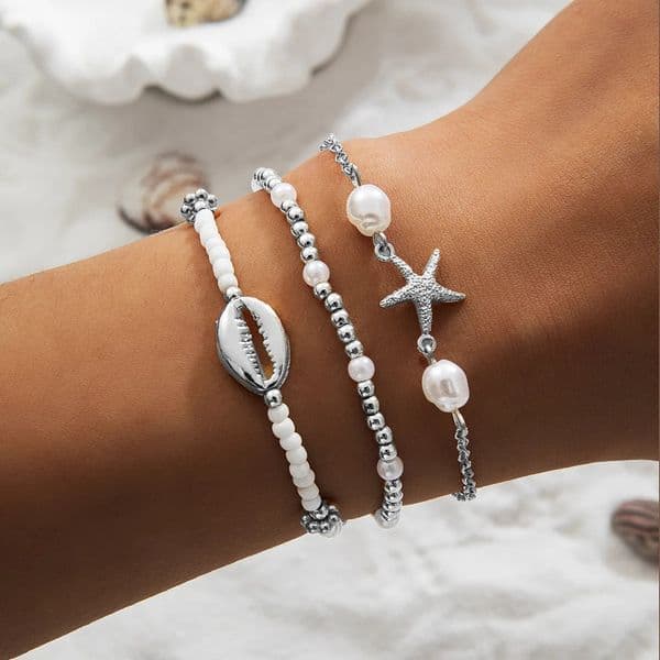 3 Pcs Bohemia Summer Shell Bracelet Set For Women Gold Silver Color Starfish Charm Pearl Chain Bangle Beach Vacation Jewelry 250805