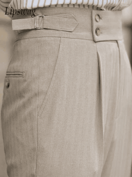 Men's Pants Classic High Waist Trousers Spring Autumn Casual Pleated Belt-up Straight Men Vintage Solid Color Slim Fit