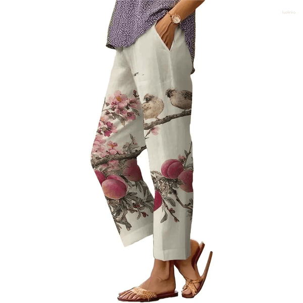 Women's Pants Summer Casual Linen Elastic Waist Drawstring Long Floral Bottoms Loose And Comfortable