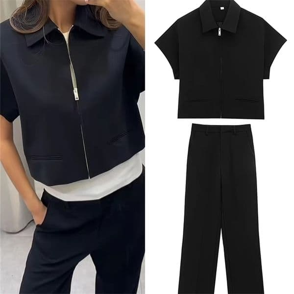 TFMLN Casual Set For Women Summer 2025 Slim Lapel Zipper Short Sleeve Coat Top Wide Leg Pants Two Piece Leisure Black yyy250724BANJIA