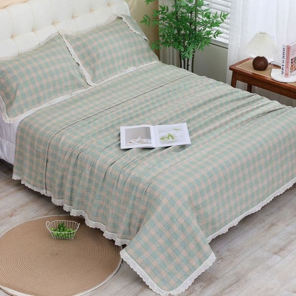 Ins Ultra Soft Korean-Style Fresh Cotton Three-Piece Bed Cover, Pillowcase and Blanket Set with Cute Lace Trim