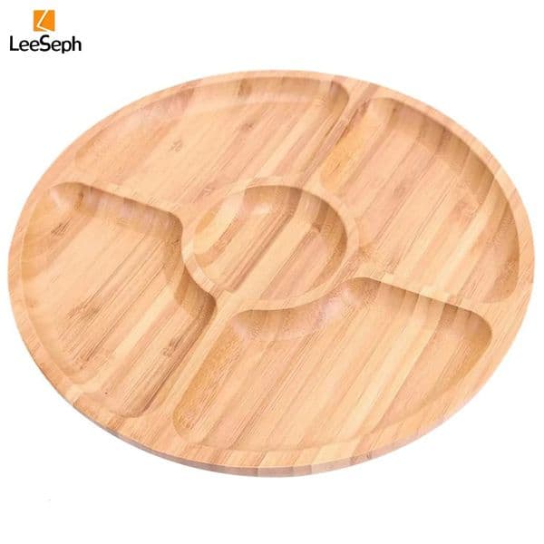Leeseph Bamboo Round 5 Compartment Serving Tray Ideal for Snacks Fruits Nuts Wooden Plate with Dividers Party Platters 250806