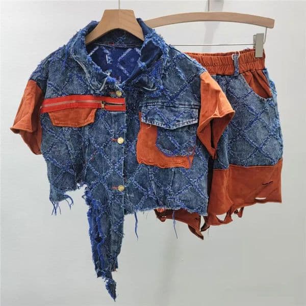 YEAE Spring Item Female Fashion Lapel Long Sleeves Denim Jackets Contrast Color High Elastic Waist Shorts For Women 250801BJ
