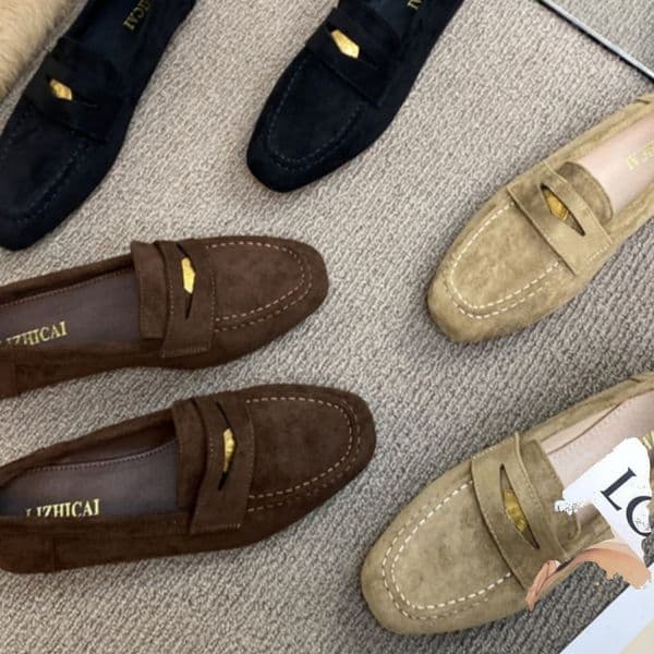 2026 New Women's Flat Dress Shoes Fashionable and Comfortable Brown Black British Style Suede Leather Shoes