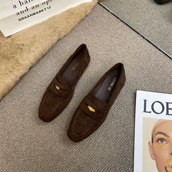 New Women's Flat Dress Fashionable and Comfortable Brown Black British Style Suede Leather Shoes