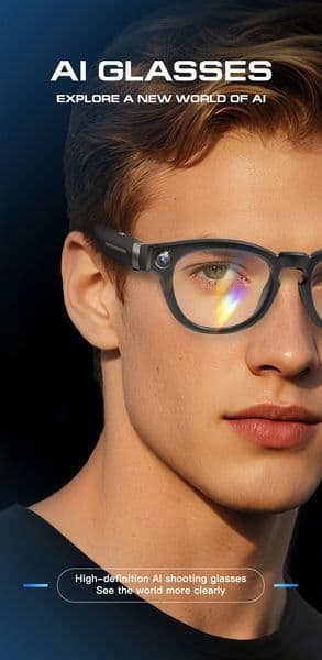RHQ8 AI smart glasses, equipped with 8-megapixel camera for taking photos and recording videos, and integrating an audio recorder and AI translation.