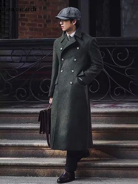 Mauroicardi Autumn Winter Long Warm Green Polo Coat Men Double Breasted Cool Elegant England Style Wool Blends Overcoat 250805