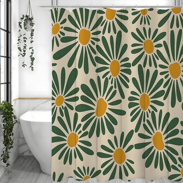 Floral Print Shower Curtain Polyester Set with 12 Hooks for Bathroom Rustic Farmhouse Style 250806