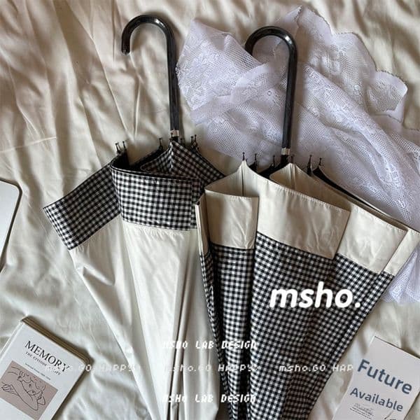 Msho Thumbs Up Abstinence Style Patchwork Black and White Checkered Suitable for Photos Straight Pole Korean Ins Long Handle Rain Umbrella