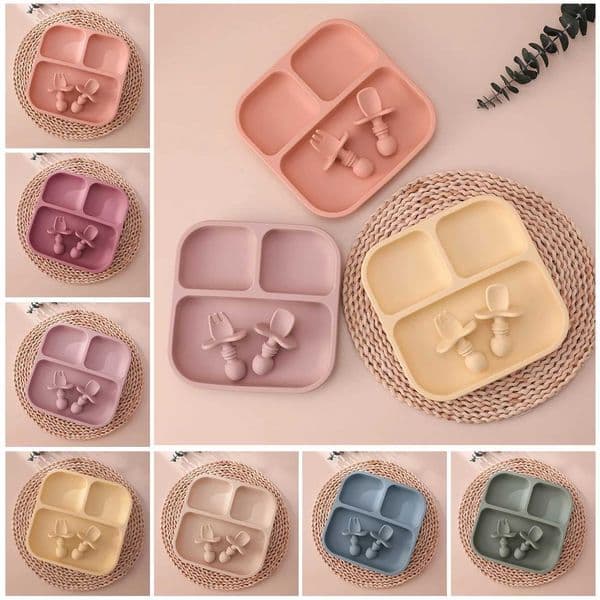 1Set BPA Free Silicone Baby Feeding Set Square Shape Suction Plates Training Fork Spoon For 0-6 Years Kids Weaning Tableware X250806