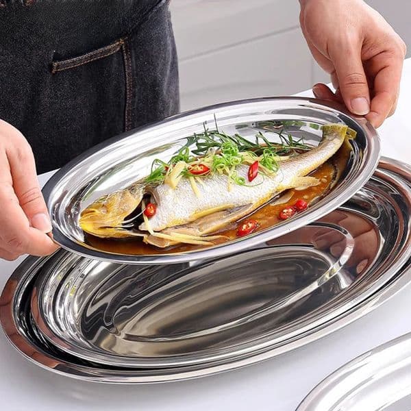 Deepened Thickened Main Dish Plate Restaurant Steamed Fish Oval Seafood Grilled Skewers Barbecue Plate304 Stainless Steel 250806