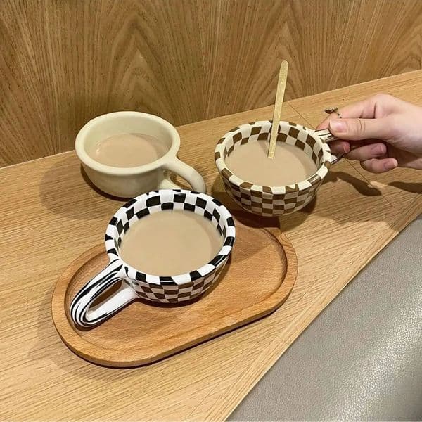 1pc Ceramic coffee cups brown checkered pattern summer drinks kitchen supplies household 250806BJ