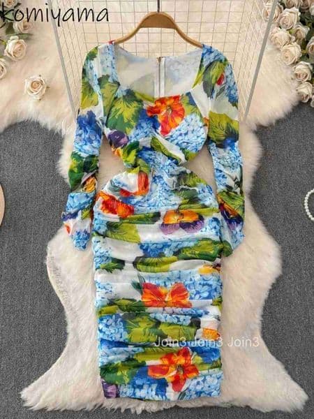 Fresh Print Vestidos Mujer Women Bodycon Dresses Square Collar Long Sleeve Dress Elegant Feminino Vestido Autumn Robes