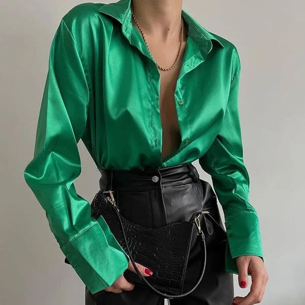 Autumn Shirt Womens Polo Collar Office Lady blouse Vintage Blue Green Shirt Loose Button Up Down Shirts Black Fashion Tops 250806