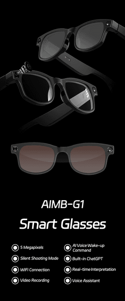 AIMB-G1 AI smart glasses, equipped with 5-megapixel camera for taking photos and recording videos, and integrating an audio recorder and AI translation.