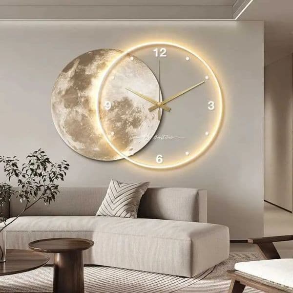 Large Restaurant Living Room Wall Clock Luxury Moon Earth Model LED Light Silent Sports Bedroom Wall Decoration GiftX240829
