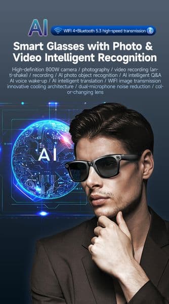 W610 AI smart glasses, equipped with 8-megapixel camera for taking photos and recording videos, and integrating an audio recorder and AI translation.