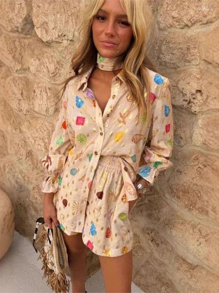 Women's Tracksuits Fashion Printed 2 Piece Set Loose Lapel Long Sleeve Single Breasted Shirt Elastic Waist Shorts Casual Vacation Suit
