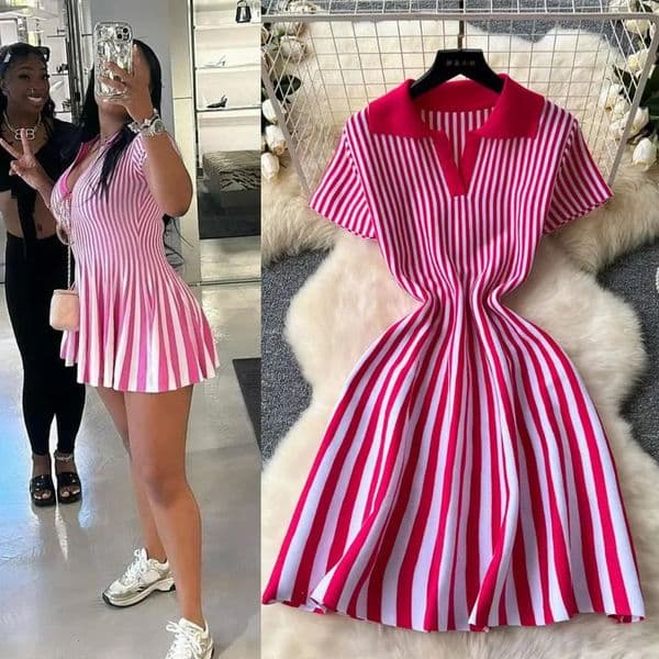 YuooMuoo Summer Vintage Vertical Stripes Knitted Dress Women Turndown Collar Slim Waist Aline Short 250807