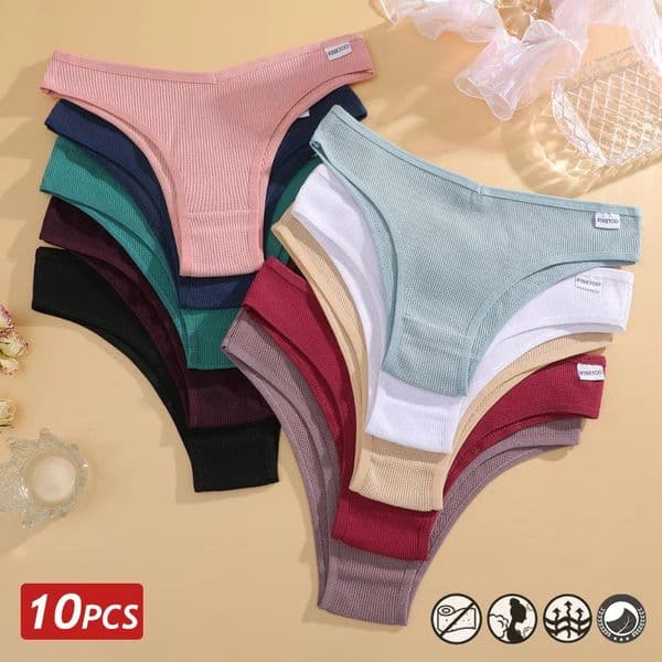 10PCSSet Waffle Cotton Panties for Women Sexy LowWaist Brazilian Female Soft Underwear TBack Solid Lingerie Bikini 250807BANJIA