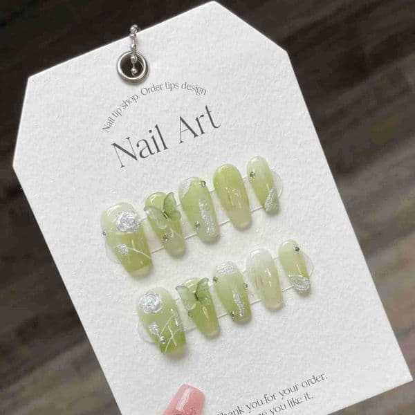 Luxury 10 maquillaje Pcs Handmade Press On Short Ballet Green Butterfly Design False Nails With 4-Piece Tool Adhesive Nail Glue Tabs Free Shipping