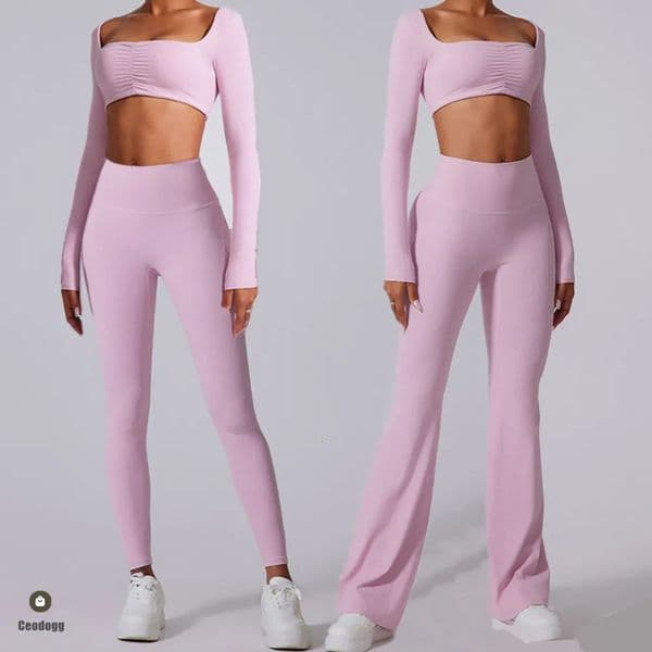 2PCS Pad Women Set Workout Pant Clothes Athletic Sports Gym Flare Legging Fitness Long Sve Crop Top Active Wear XP15 250804 Z260508