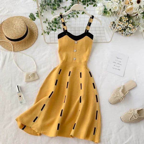 Knitted Contrast color Sexy V Neck Spaghetti Strap Summer Mini Dress Women Casual Party Yellow Black Sweater Dresses 250801BJ