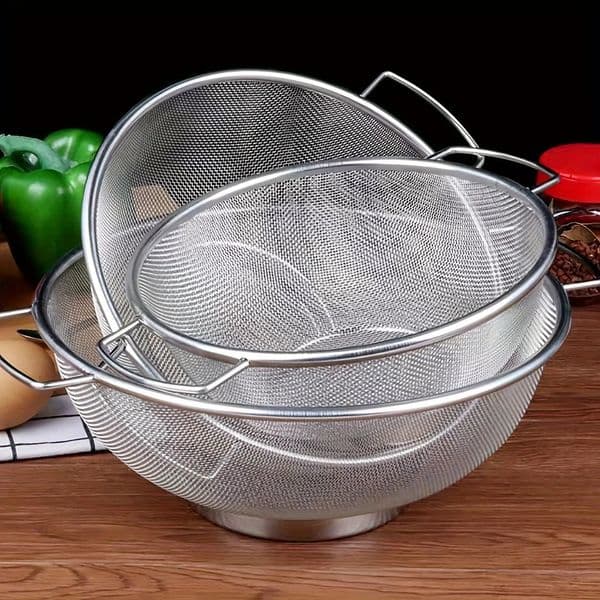 3pcs stainless steel drainage basket strainer with handle kitchen vegetables rice fruits kitchen rice basin 250807