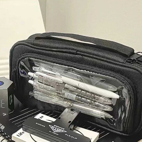 1Pc Large Capacity Transparent Visual Window Canvas Pencil Case Student Stationery Box Black College Style Zipper Pencil Bag XJ250808