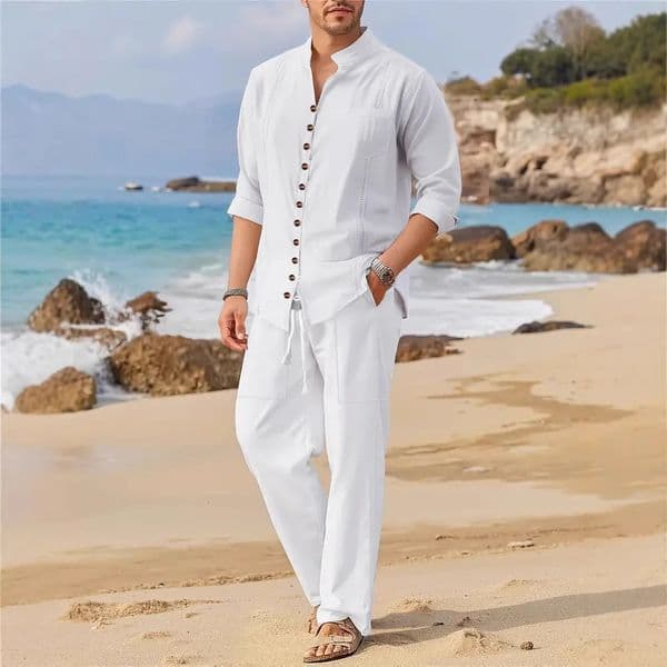 Mens Retro Cotton And Linen Set Spring And Autumn Fashion Stand-up Collar Pocket Long Pants Long-sleeved Two-piece set 250805