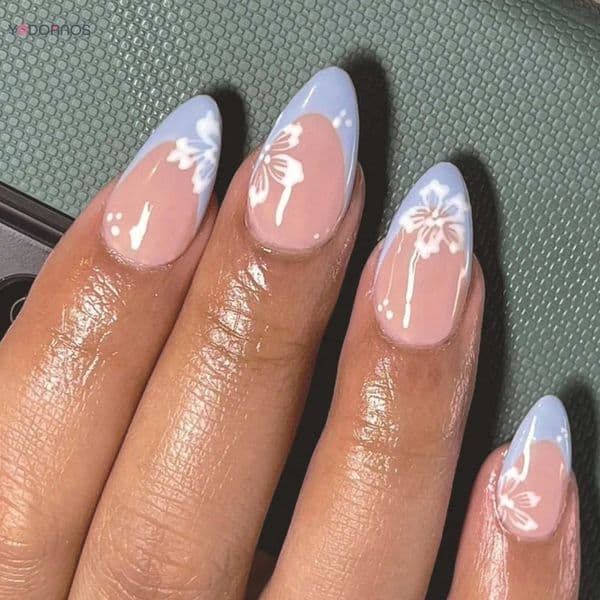 24Pcs White Short Almond Press-on Nails Set Glossy Acrylic Full Cover Blue French Fake Nails Arts For Women and Girls W250808