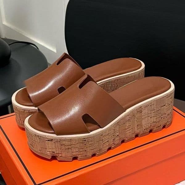 Designer Wedge Sandals Platform Slides Women Cowhide Leather Woman Brown black Sllippers Comfortable Summer Beach Shoes Flip Flops