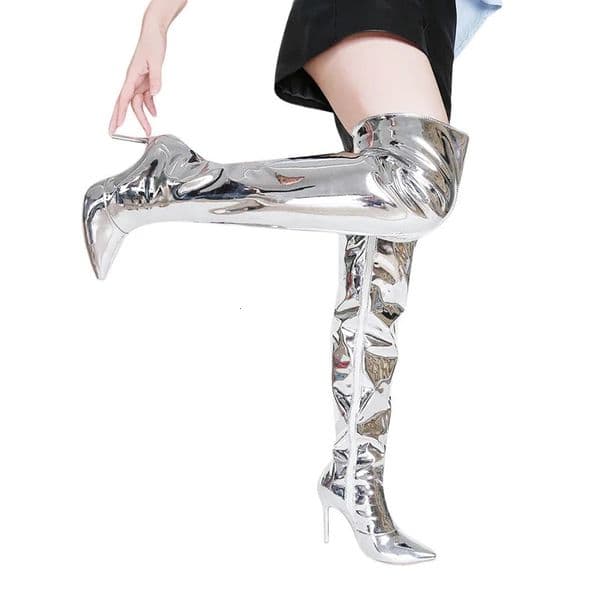 Women Sexy Silver Mirror Thigh High Boots T Show Pointy Toe Club Party Shoes Thin Heels Over The Knee Long For 250801BJ