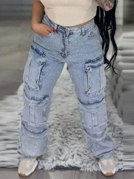 Plus Size Womens High Waist Cargo Denim Jeans With Full Rhinestones Sparkling Casual Baggy Pants Streetwear Chic Daily Trousers 250804