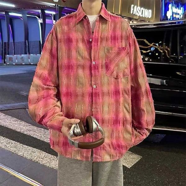 2025 Korean Trend Checkered Shirt Men Plaid Long Sleeve Streetwear Oversized Fit Vintage Cotton Casual Grunge Aesthetic Top W250808