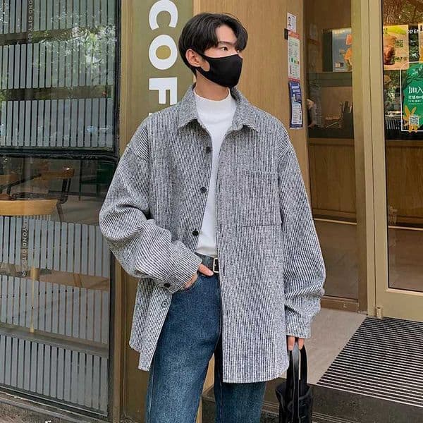 5XL Plus Size Mens Wool Lined Jacket Coat with Front Pockets Single Breasted Long Sleeve Spring Autumn Striped Clothing for MenXJ250809