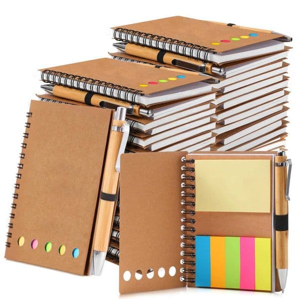 6-Pack Kraft Spiral Notebook Set-Sticky Notes Colored Index TabsBulk Memo Pads with Bamboo Pen Perfect Gift for Teachers/Staff Z250809