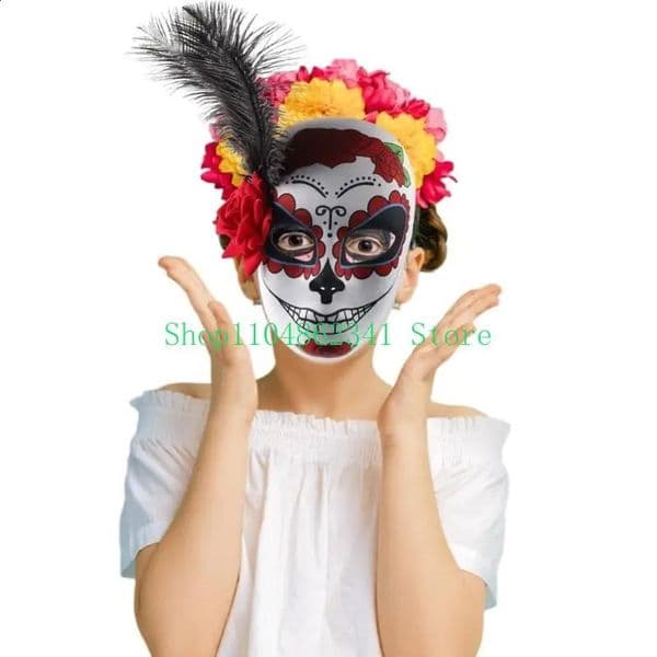 5asd Mexicans Masquerade Mask Full Face Mask Sugar Mask Party Mask Halloween Mask Day of the Dead Mask with Flower 250804