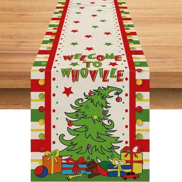 Whoville Christmas Table Runner 90 Inchs Welcome to Whoville Grin-ch Cotton Linen Table Runner Seasonal Winter Christmas Holiday 250805