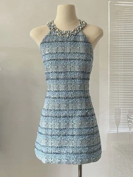 Korean Sweet Tweed Small Fragrance Tweed Dresses For Women Fashion Beading Summer Dress sweet Sexy Party Dress 250801BJ