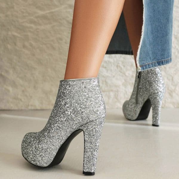 Women's Glitter Stage Boots - 9cm Ultra High Heel Thermal Lined Party Boots in Onyx Black / Ruby Red / Platinum Silver / Royal Gold