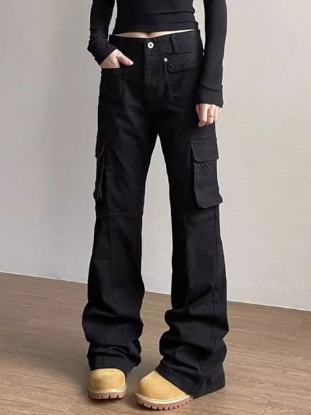 Cyber Y2K Fashion Black Slim Flare Cargo Jeans Pants For Women Clothing Multi Pockets Dress Lady Long Trousers Ropa Mujer 250804
