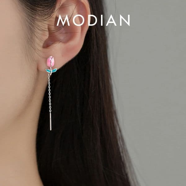 MODIAN 925 Sterling Silver Enamel Rose Tassel Drop Earrings Long Chain Elegant Dangle Earrings For Women Fine Jewelry Gifs 250805