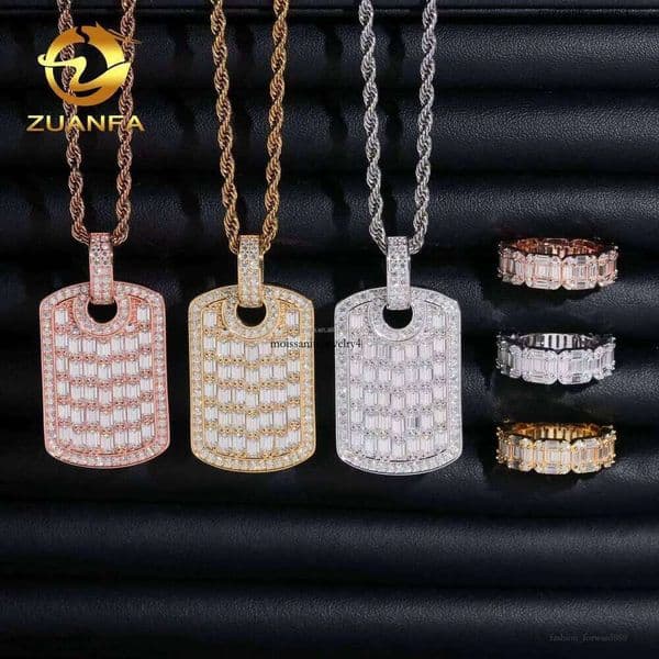 Water Drop Delivery Jewelry Hip Hop Sier Vvs Baguette Moissanite Tag Pendant & Ring Set e7