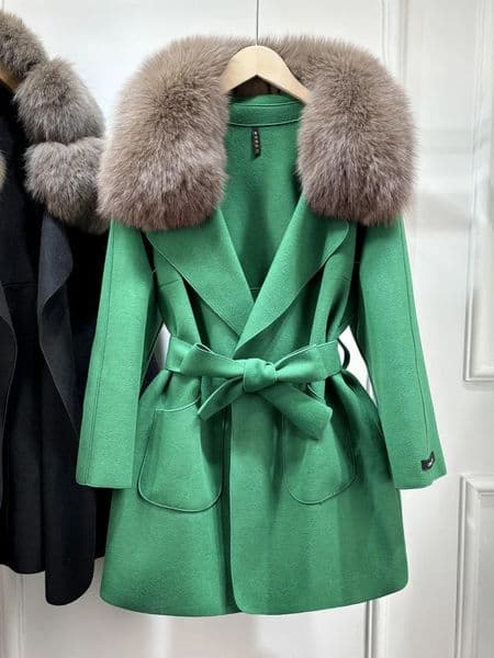 Janveny Wool Coat Women Natural Fox Fur Collar Winter Jacket Clothes For Female Short Slim Woolen Trench Coats Outwear 250805
