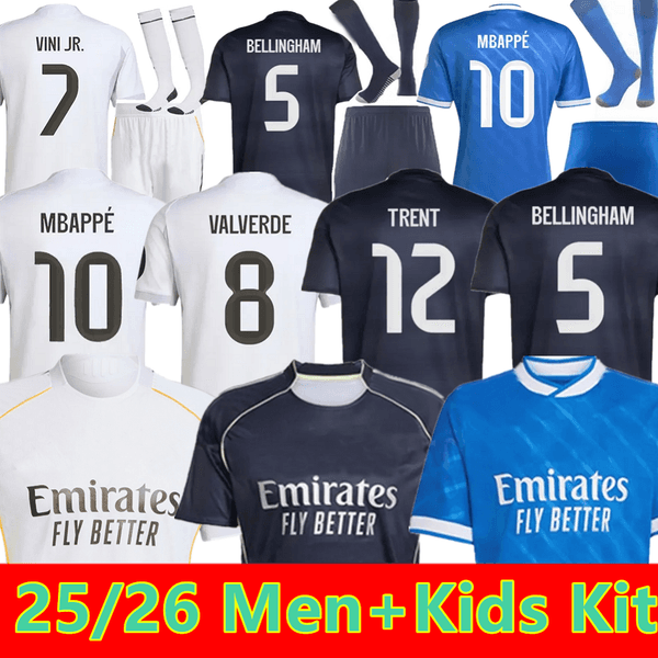 25 26 Real MBAPPE VINI JR BELLINGHAM Soccer Jersey 2025 2026 TRENTHUIJSEN Madrids Fan Player version Football shirts uniform sleeved Kids Kits